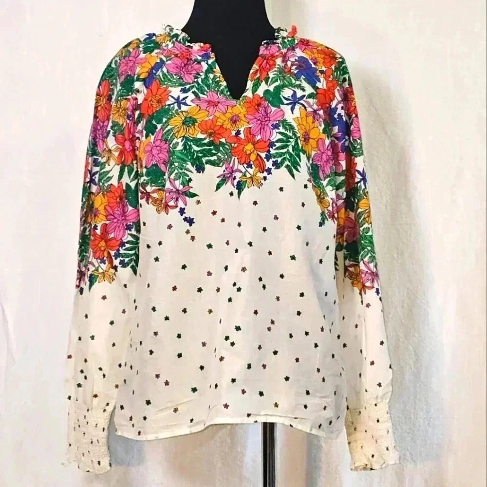 Talbots Blissful Floral Smocked‎ Cuff Prairiecore Blouse SZ M/ P